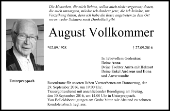 Traueranzeige von August Vollkommer von Neue Presse Coburg