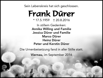 Traueranzeige von Frank Dürer von Südthüringer Presse
