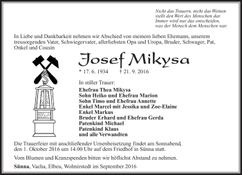 Traueranzeige von Josef Mikysa von Südthüringer Presse