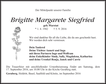 Traueranzeige von Brigitte Margarete Siegfried von Südthüringer Presse