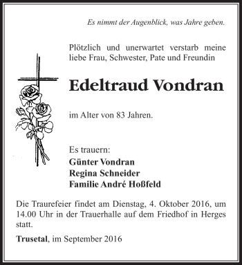 Traueranzeige von Edeltraud Vondran von Südthüringer Presse