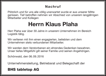 Traueranzeige von Klaus Plaha von Frankenpost