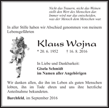 Traueranzeige von Klaus Wojna von Südthüringer Presse