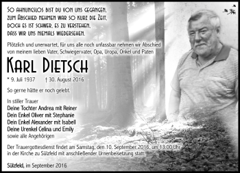 Traueranzeige von Karl Dietsch von Südthüringer Presse