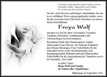 Traueranzeige von Freya Wolf von Südthüringer Presse