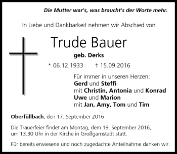 Traueranzeige von Bauer Trude von Neue Presse Coburg
