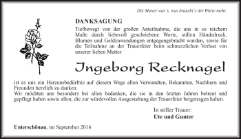 Traueranzeige von Ingeborg Recknagel von Südthüringer Presse