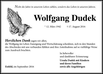 Traueranzeige von Wolfgang Dudek von Südthüringer Presse
