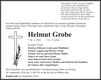 Traueranzeige von Helmut Grobe von Südthüringer Presse