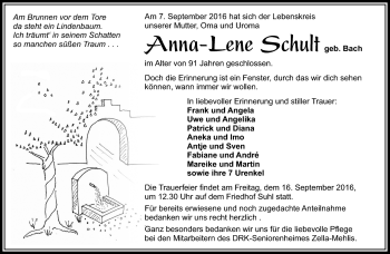 Traueranzeige von Anna-Lene Schult von Südthüringer Presse