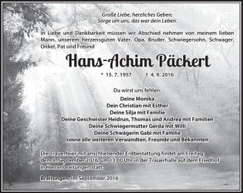 Traueranzeige von Hans-Achim Päckert von Südthüringer Presse
