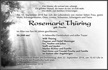 Traueranzeige von Rosemarie Thüring von Südthüringer Presse