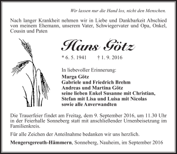 Traueranzeige von Hans Götz von Südthüringer Presse