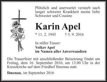 Traueranzeige von Karin Apel von Südthüringer Presse