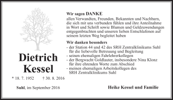 Traueranzeige von Dietrich Kessel von Südthüringer Presse
