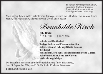 Traueranzeige von Brunhilde Risch von Südthüringer Presse