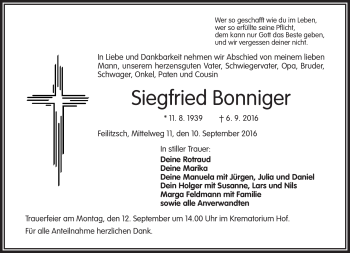 Traueranzeige von Siegfried Bonniger von Frankenpost