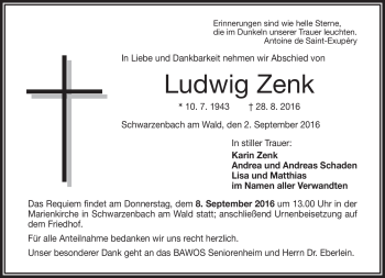Traueranzeige von Ludwig Zenk von Frankenpost