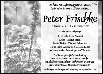 Traueranzeige von Peter Frischke von Südthüringer Presse