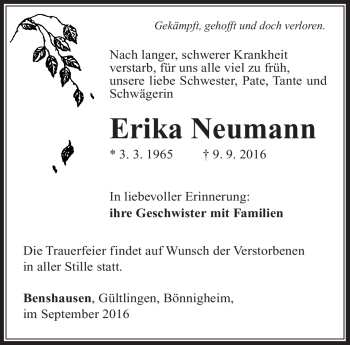 Traueranzeige von Erika Neumann von Südthüringer Presse