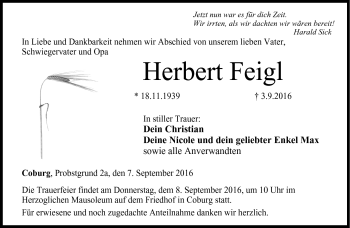Traueranzeige von Herbert Feigl von Neue Presse Coburg