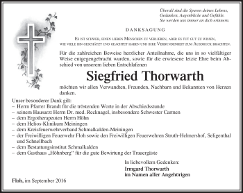 Traueranzeige von Siegfried Thorwarth von Südthüringer Presse