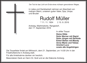 Traueranzeige von Rudolf Müller von Frankenpost