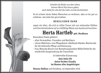 Traueranzeige von Herta Hartleb von Südthüringer Presse