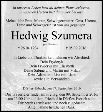 Traueranzeige von Hedwig Szumera von Neue Presse Coburg