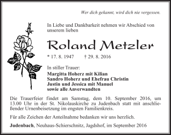 Traueranzeige von Roland Metzler von Südthüringer Presse