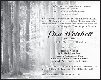 Traueranzeige von Lisa Weisheit von Südthüringer Presse
