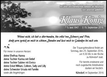 Traueranzeige von Klaus König von Südthüringer Presse