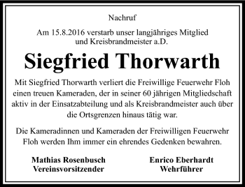 Traueranzeige von Siegfried Thorwarth von Südthüringer Presse
