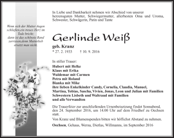 Traueranzeige von Gerlinde Weiß von Südthüringer Presse
