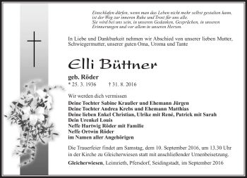 Traueranzeige von Elli Büttner von Südthüringer Presse