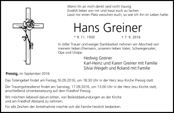 Traueranzeige von Hans Greiner von Neue Presse Coburg