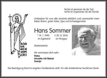 Traueranzeige von Hans Sommer von Frankenpost