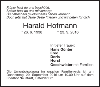 Traueranzeige von Harald Hofmann von Neue Presse Coburg