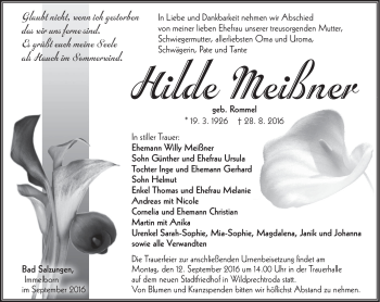 Traueranzeige von Hilde Meißner von Südthüringer Presse