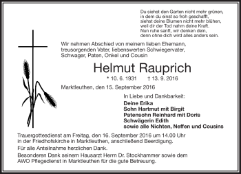 Traueranzeige von Helmut Rauprich von Frankenpost