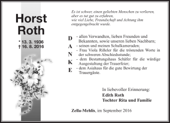 Traueranzeige von Horst Roth von Südthüringer Presse