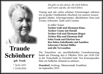 Traueranzeige von Traude Schönherr von Südthüringer Presse