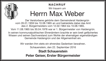 Traueranzeige von Max Weber von Frankenpost
