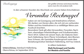 Traueranzeige von Veronika Recknagel von Südthüringer Presse