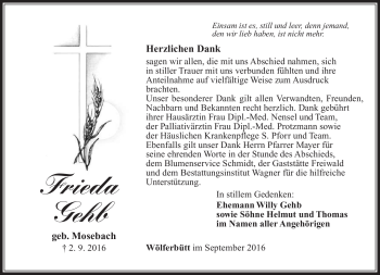 Traueranzeige von Frieda Gehb von Südthüringer Presse