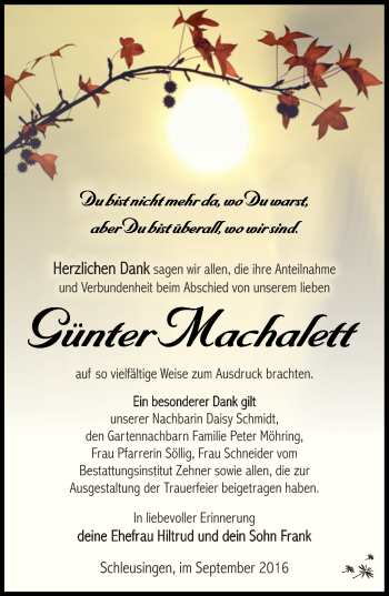 Traueranzeige von Günter Machalett von Südthüringer Presse