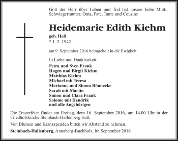 Traueranzeige von Heidemarie Kiehm von Südthüringer Presse