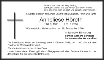 Traueranzeige von Anneliese Höreth von Frankenpost