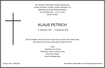 Traueranzeige von Klaus Petrich von Neue Presse Coburg