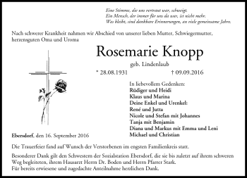 Traueranzeige von Rosemarie Knopp von Neue Presse Coburg
